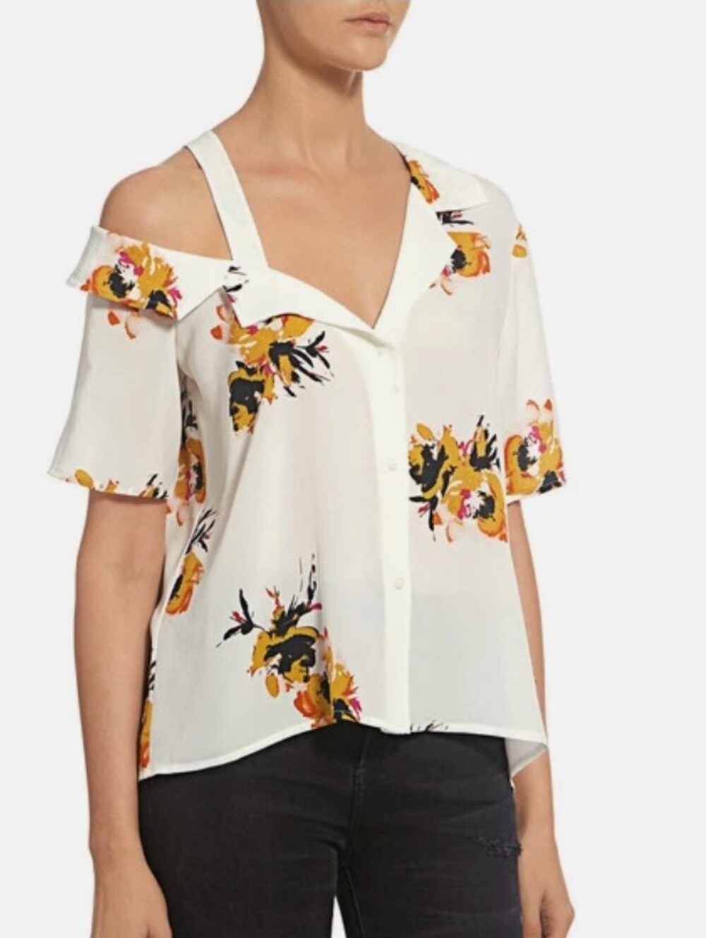 A.L.C. White Silk Floral One Shoulder Button-Front Top